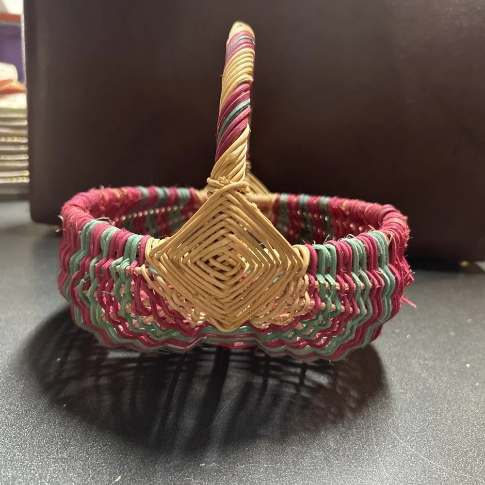 Vintage Colorful Fruit Basket Woven W Handle Decor